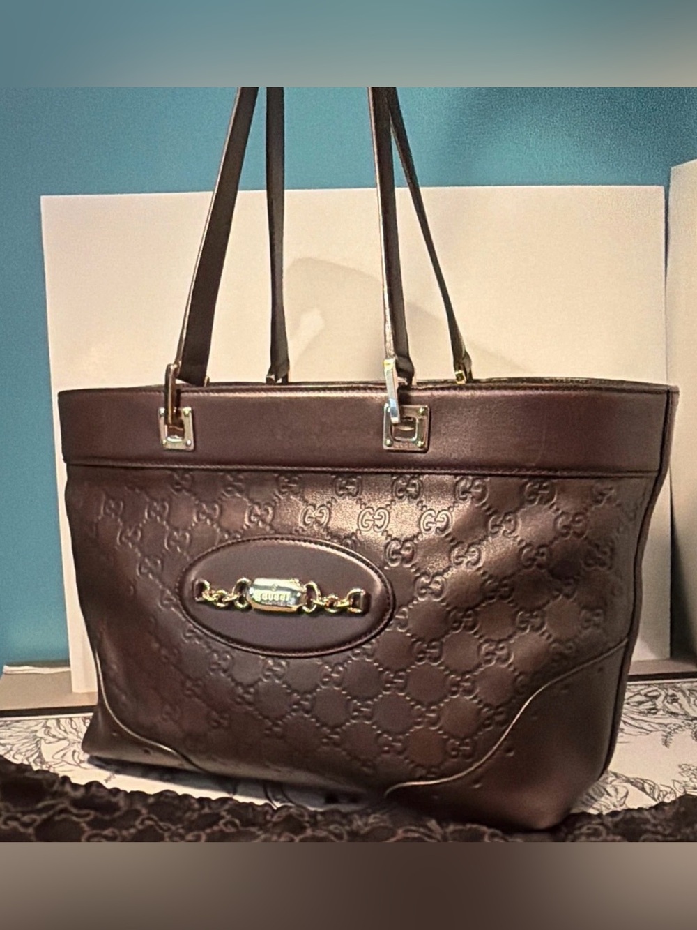Gucci Dark Brown Embossed GG Leather Tote with Gold Hardware